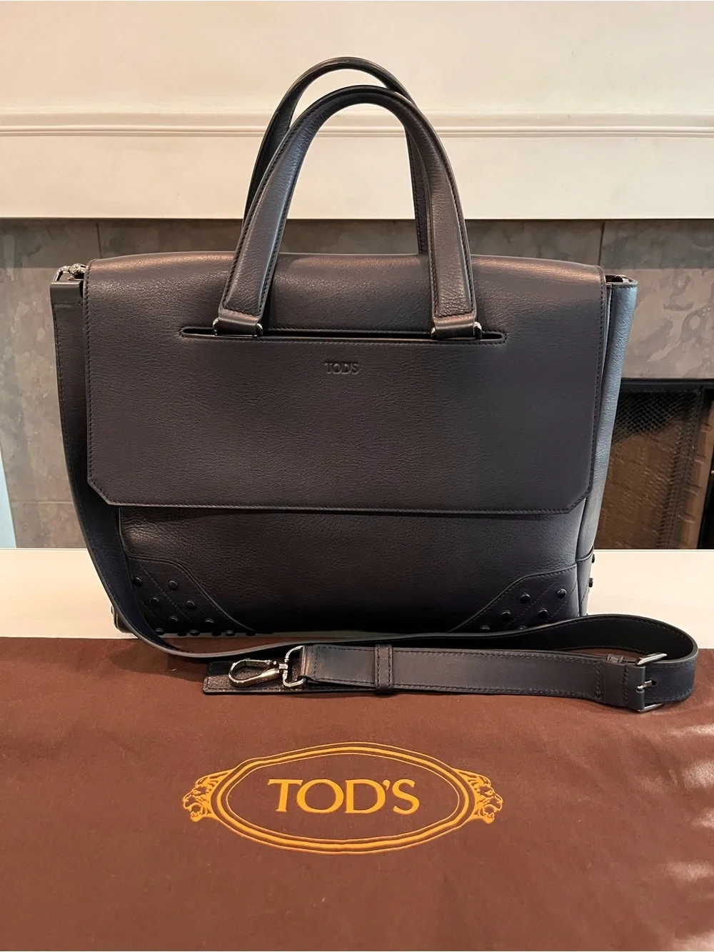 TOD'S Dark Navy Blue Leather Gommino Envelope Briefcase Messenger Bag NWOT